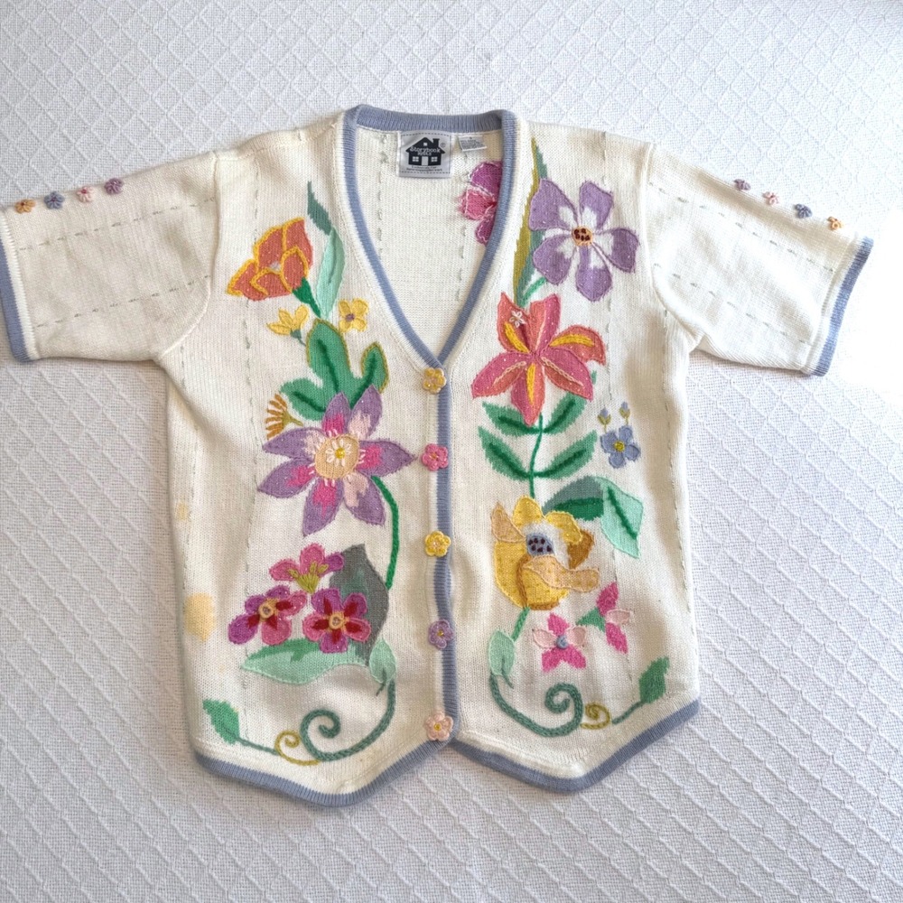 Storybook Knits Vintage Floral Embroidered Short Sleeve Cardigan Cream Small